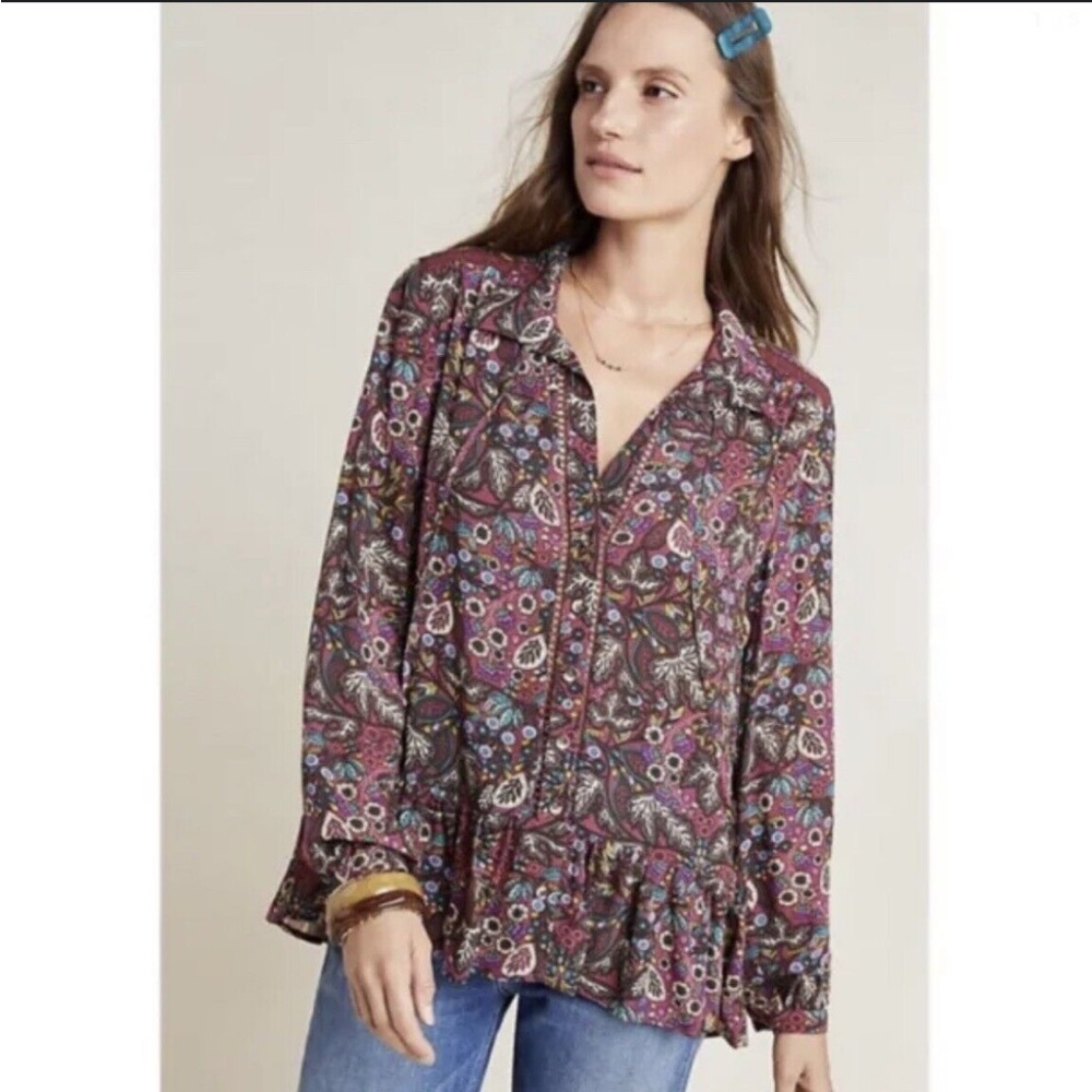 Anthropologie Maeve Janie Flounced Peasant Blouse Size 2 XS Floral Maroon Print
